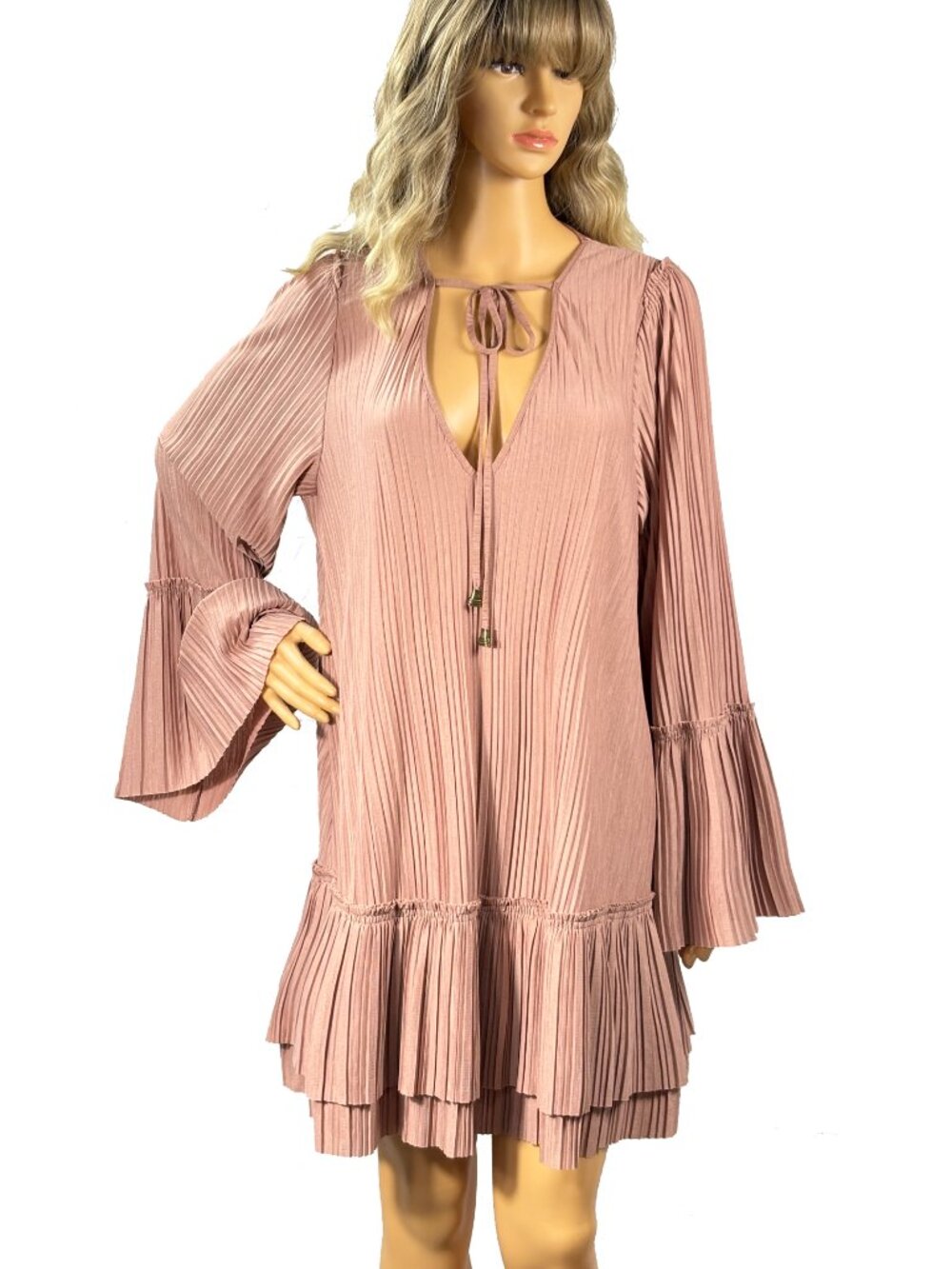 Free People Pleated Crinkle Bell Sleeve Lace Up Mini Dress M Dusty Rose
